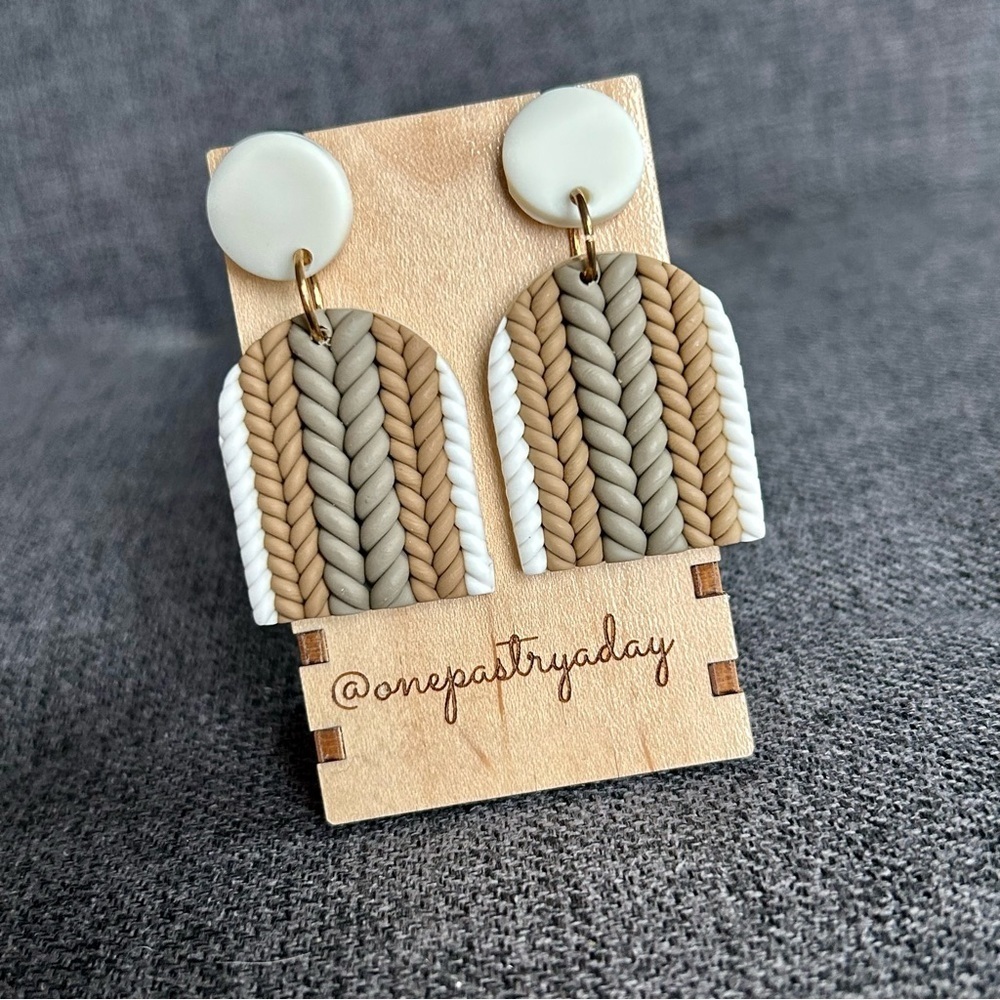 Fun, Cable Knit Sweater Pattern Clay Drop Dangle Earrings, White, Tan - Picture 12 of 16